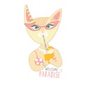 Cute hand drawn cat in swimsuit drinks cocktail. Welcome in paradise. Time relax. Rest. Travel. Hand drawn animal Royalty Free Stock Photo