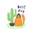 Cute hand drawn cat in warm hat and cactus in the pot and text Best day. Royalty Free Stock Photo