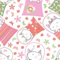 Cute hand drawn cats in handbags in fun multicolor design with flowers and butterflies. Seamless vector pattern on white Royalty Free Stock Photo