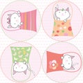 Cute hand drawn cats in handbags on pink transparent circles. Seamless mulitcolor vector pattern on heart patterned