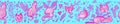 Cute hand drawn cats in violet bushes on blue background. Seamless border of feline pet outdoors. Doodles of pink kitty