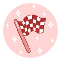 Cute hand-drawn checkered racing flag in doodle cartoon style. Round composition in neutral candy colors. Kawaii element for card Royalty Free Stock Photo