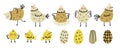 Cute hand drawn chicken set. Chickens, chicks, and eggs in doodle style. Simple vector illustration. Royalty Free Stock Photo