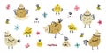 Cute hand drawn chicken set. Chickens, chicks, flowers, bees, and butterflies in doodle style. Simple vector Royalty Free Stock Photo