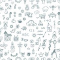 Cute hand drawn children drawings seamless pattern. Doodle child