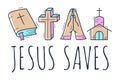 Cute Hand Drawn Christian Theme Doodle Collection In White Isolated Background and text Jesus saves Royalty Free Stock Photo