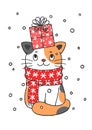 Cute Hand Drawn Christmas Kitty Cat With Present Box Royalty Free Stock Photo