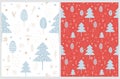 Cute Hand Drawn Christmas Vector Seamless Pattern with Blue Trees on a White and Red Background. Royalty Free Stock Photo