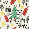 Cute cartoon messy Christmas tree, leaves, stars, dots seamless pattern.