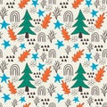 Cute cartoon messy Christmas tree, leaves, stars, dots seamless pattern.