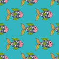 Cute colorful cartoon gold fish in hand drawn doodle style seamless pattern