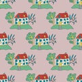 Cute seamless pattern with hand drawn doodle houses and gardens Royalty Free Stock Photo