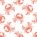 Cute hand-drawn colored marine crab, seamless pattern in flat style, ocean aquatic underwater kawaii vector. Vector cartoon