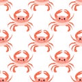 Cute hand-drawn colored marine crab, seamless pattern in flat style, ocean aquatic underwater kawaii vector. Vector cartoon