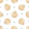 Cute hand drawn colored saltwater scallop seashell, seamless pattern, clam, conch. Scallop sea shell, flat style vector Royalty Free Stock Photo