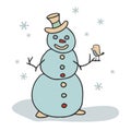 Cute hand drawn colored snowman in a top hat with a bird. In doodle style, isolated on a white background. Winter element for Royalty Free Stock Photo