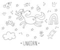 Cute hand drawn coloring page with character unicorn. vector illustration. print for kids. cartoon print. Royalty Free Stock Photo