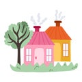 Cute hand drawn country house with door, window, chimney. Cozy village cottage with tree and lawn for kid's bedroom