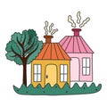 Cute hand drawn country house with door, window, chimney. Cozy village cottage with tree and lawn for kid's bedroom