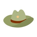 Cute hand drawn cowboy hat. Sheriff hat with star in cowboy and cowgirl western theme. Simple colorful doodle with print