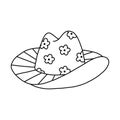 Cute hand drawn cowgirl hat doodle with outline. Sheriff girl hat with flower sunny print. Simple black and white doodle