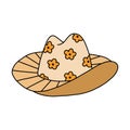 Cute hand drawn cowgirl hat doodle with outline. Sheriff girl hat with flower sunny print. Simple colorful doodle in