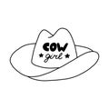 Cute hand drawn cowgirl hat doodle with outline. Sheriff hat with lettering in cowgirl and cowboy western theme. Simple