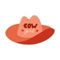 Cute hand drawn cowgirl hat. Sheriff hat with lettering in cowgirl and cowboy western theme. Simple colorful doodle with