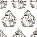 Cute hand drawn cupcake seamless pattern. Cake of black thin line contour