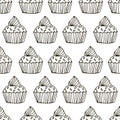 Cute hand drawn cupcake seamless pattern. Cake of black thin line contour