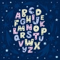 Cute vector alphabet on night sky with comets and stars