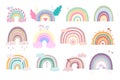 Cute hand drawn different colorful rainbows with decorations. Scandinavian style rainbows, candy rainbow, unicorn, hearts, plants Royalty Free Stock Photo