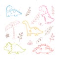 Cute hand drawn dinosaurs and tropical plants. Dino collection for kids. Funny characters set Royalty Free Stock Photo