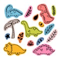 Cute hand drawn dinosaurs and tropical plants. Dino collection for kids. Funny coloured characters set Royalty Free Stock Photo