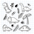 Cute hand drawn dinosaurs and tropical plants. Funny characters set. Dino collection for kids. Stickers Royalty Free Stock Photo