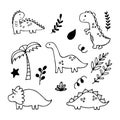 Cute hand drawn dinosaurs and tropical plants. Funny characters set. Dino collection for kids Royalty Free Stock Photo