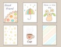 Cute hand drawn doodle birthday, party, baby shower cards, brochures, invitations with cup, flowers, umbrella, rain. Objects