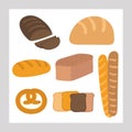 Cute hand drawn doodle bread set including white bread, french baguette, pretzel, slices of bread. Illustrations for