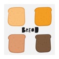 Cute hand drawn doodle bread set including white and dark bread, dark, slices of bread. Illustrations for bakery, menu