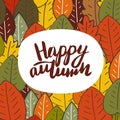Cute hand drawn doodle card, postcard with autumn leaves