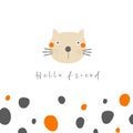 Cute hand drawn doodle cat with lettering quote hello friend, abstract element.