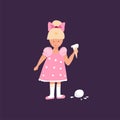 Cute hand drawn doodle crying girl with ice cream on the floor. Small blond girl in pink dress. Child emotions. Flat