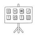 Cute hand drawn doodle of flipchart with lists, diagram, notes, plans on colorful stickers. Business element for presentations,