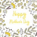 Cute hand drawn doodle happy mothers day spring postcard.