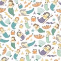 Cute hand drawn doodle mermaid fairy tale seamless pattern