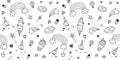 Cute hand drawn doodle pattern seamless in black and white color. Kawaii unicorn background