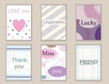 Cute hand drawn doodle postcards, cards, covers with different elements and quotes including thank you, love, miss you, friend, co Royalty Free Stock Photo