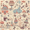 Cute hand drawn doodle seamless pattern with fantasy elements Royalty Free Stock Photo