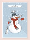 Cute hand-drawn doodle snowman wrapped in a red scarf in a hat with a broom in his hand. Birds sit on it. A cartoon snowman feeds Royalty Free Stock Photo