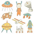 Cute hand drawn doodle space, cosmic objects collection Royalty Free Stock Photo